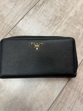 Prada Black  Leather Zip Wallet with Gold Zip